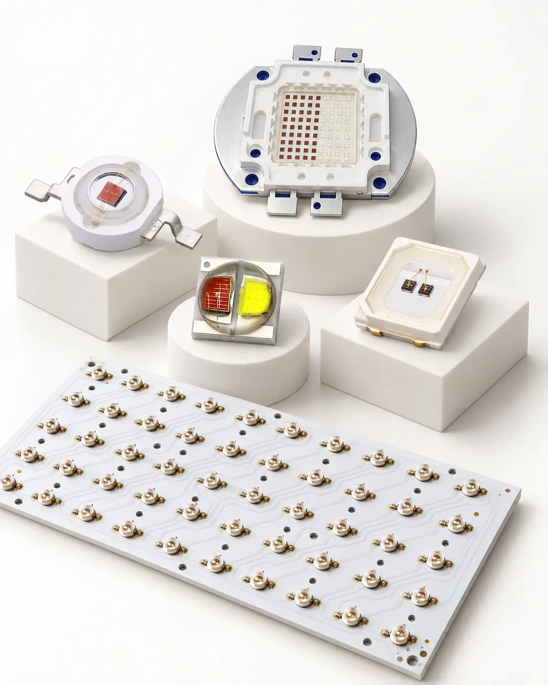 Structural comparison of discrete LED package, COB source and custom LED board
